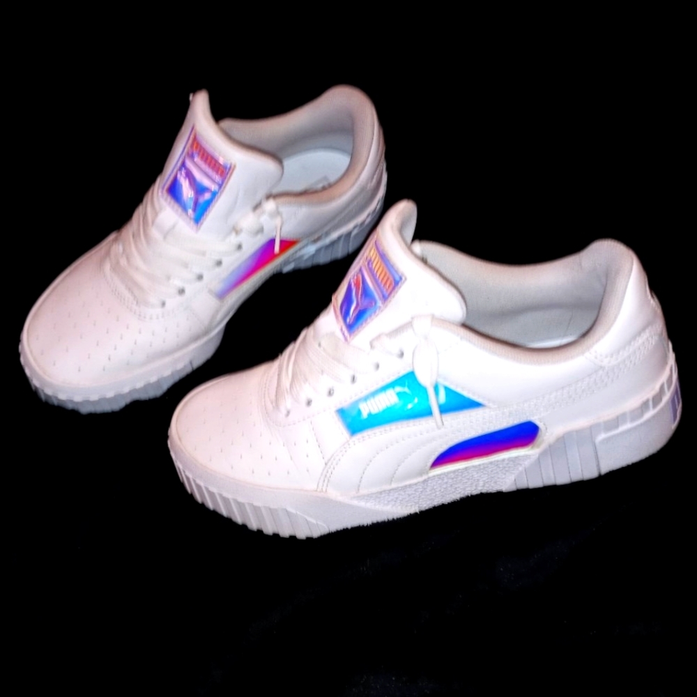 Women's or Junior's iridescent and white Puma sneakers size6 w/hat